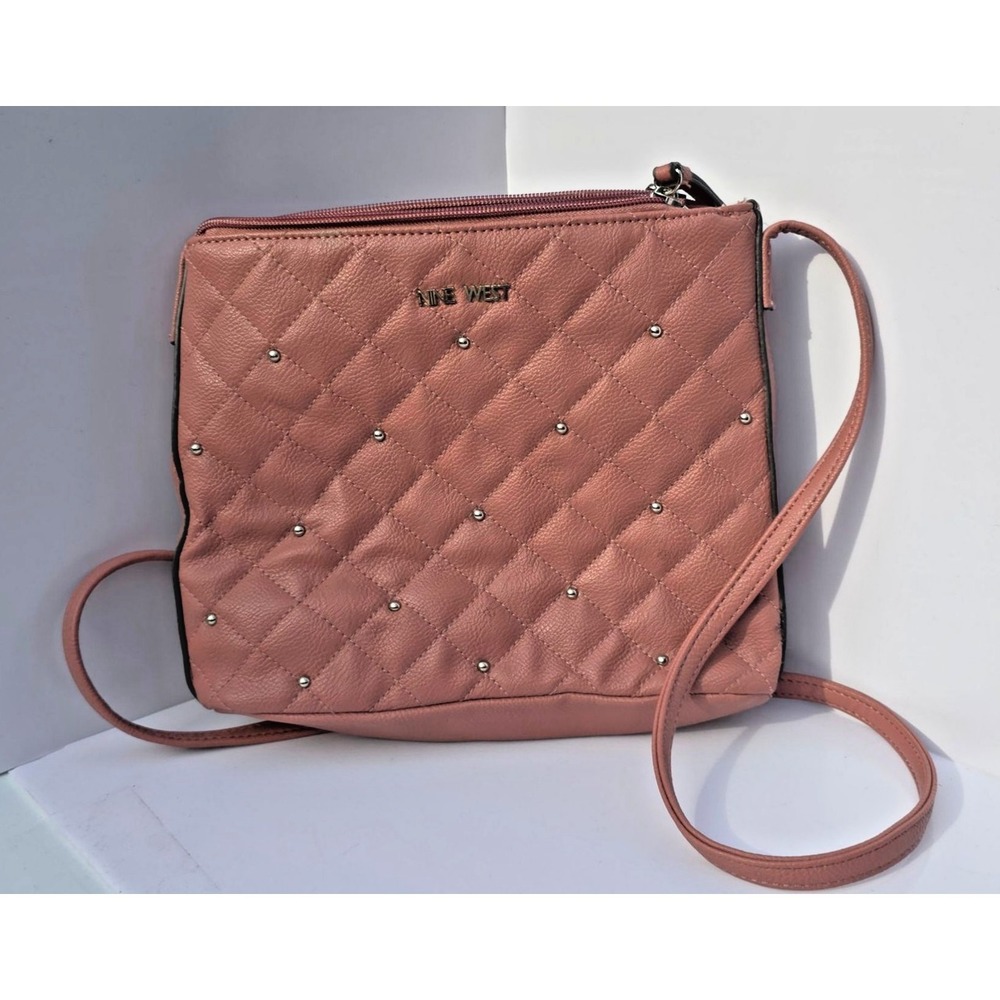 NINE WEST Pink Quilted Studded Crossbody Bag Zip Shoulder Purse Womens